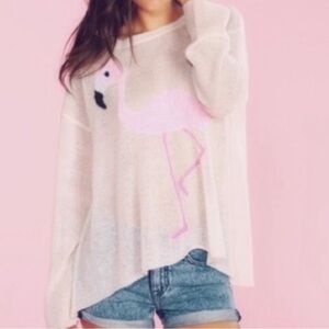 WILDFOX Pink Flamingo WHITE LABEL Knit Sweater Top Sheer Shirt  Wool Boho Kawaii
